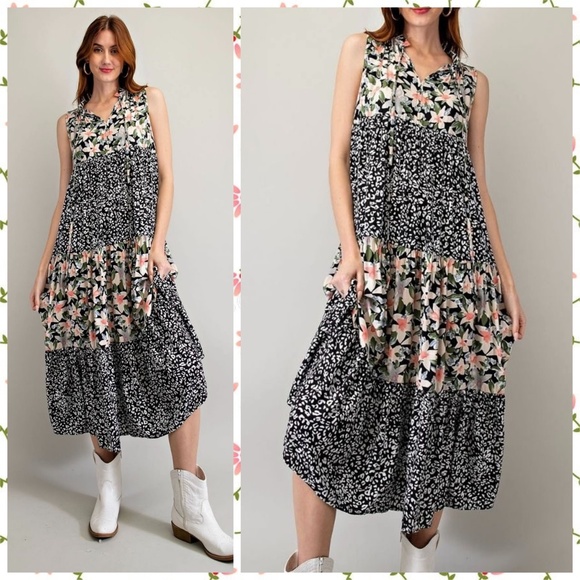 easel Dresses Easel Floral Animal Print Oversized Flowy Midi Maxi
